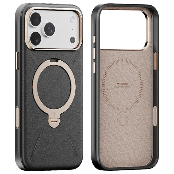 TORRAS iPhone 17 Pro Ostand Spin Kunstlæder Cover m. Roterende Kickstand - MagSafe Kompatibel - Sort