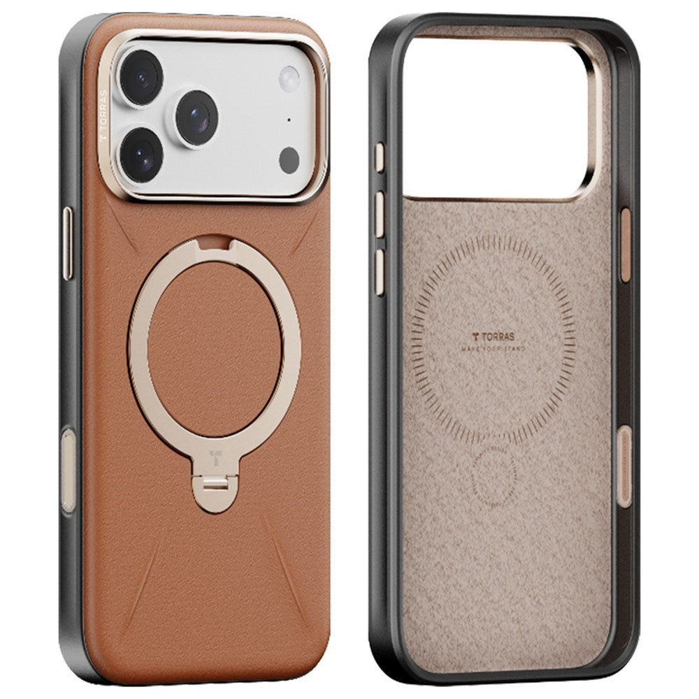 TORRAS iPhone 17 Pro Max Ostand Spin Kunstlæder Cover m. Roterende Kickstand - MagSafe Kompatibel - Brun