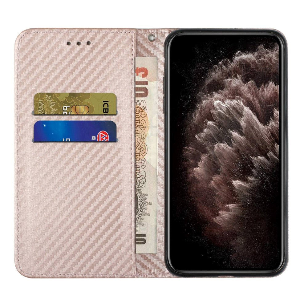 Samsung Galaxy S23 Carbon Læder Cover m. Pung & Kickstand - Rosa Guld