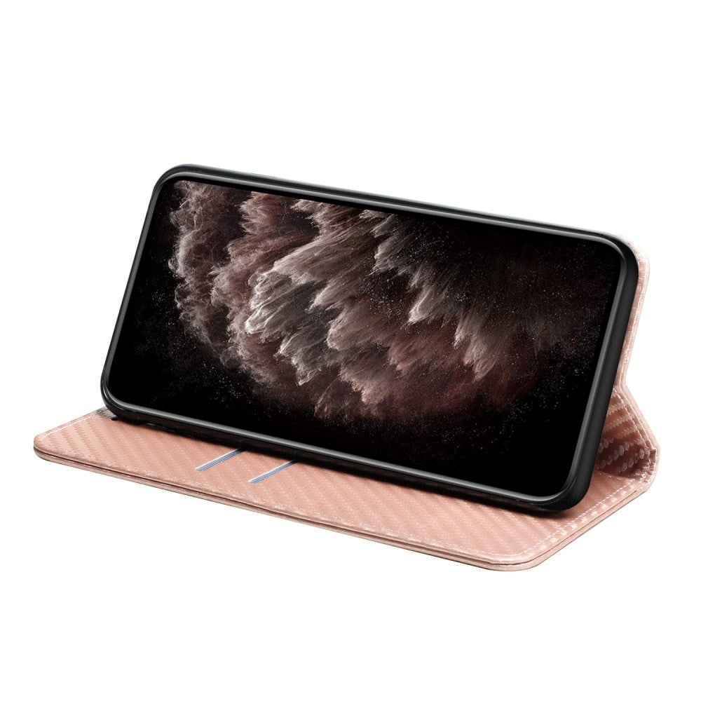 Samsung Galaxy S23 Carbon Læder Cover m. Pung & Kickstand - Rosa Guld