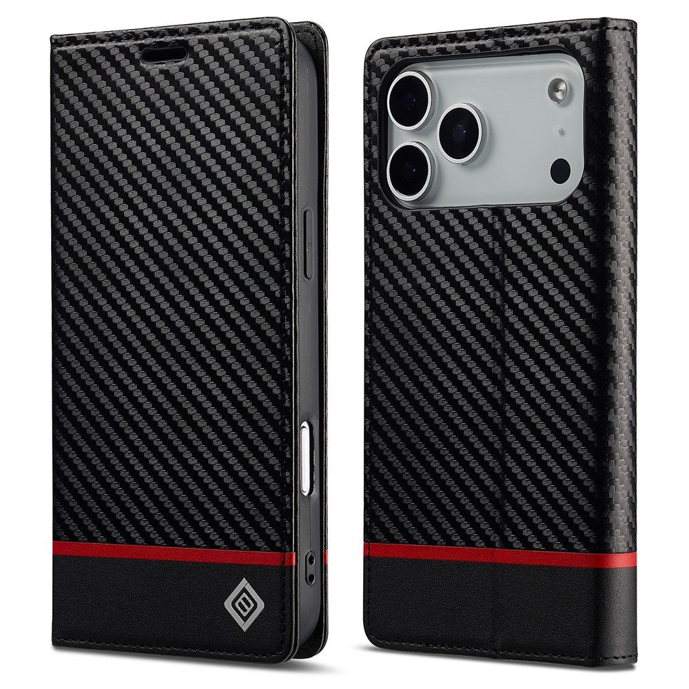 iPhone 18 Pro / 17 Pro LC.IMEEKE Kunstlæder Flip Cover m. Carbon Fiber - Sort / Rød Horisontal Stribe
