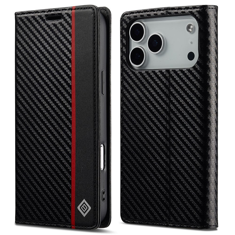 iPhone 18 Pro / 17 Pro LC.IMEEKE Kunstlæder Flip Cover m. Carbon Fiber - Sort / Rød Vertikal Stribe