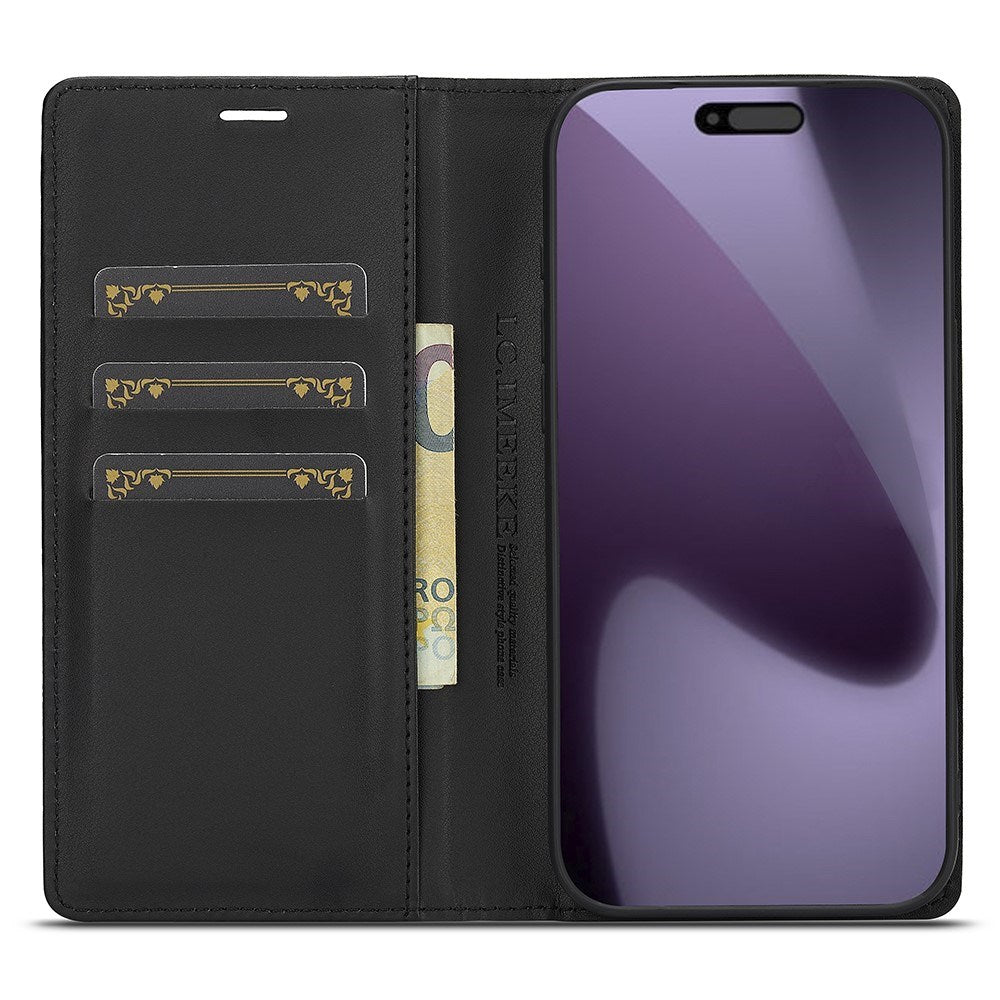 iPhone 18 Pro / 17 Pro LC.IMEEKE Kunstlæder Flip Cover m. Carbon Fiber - Sort / Rød Vertikal Stribe