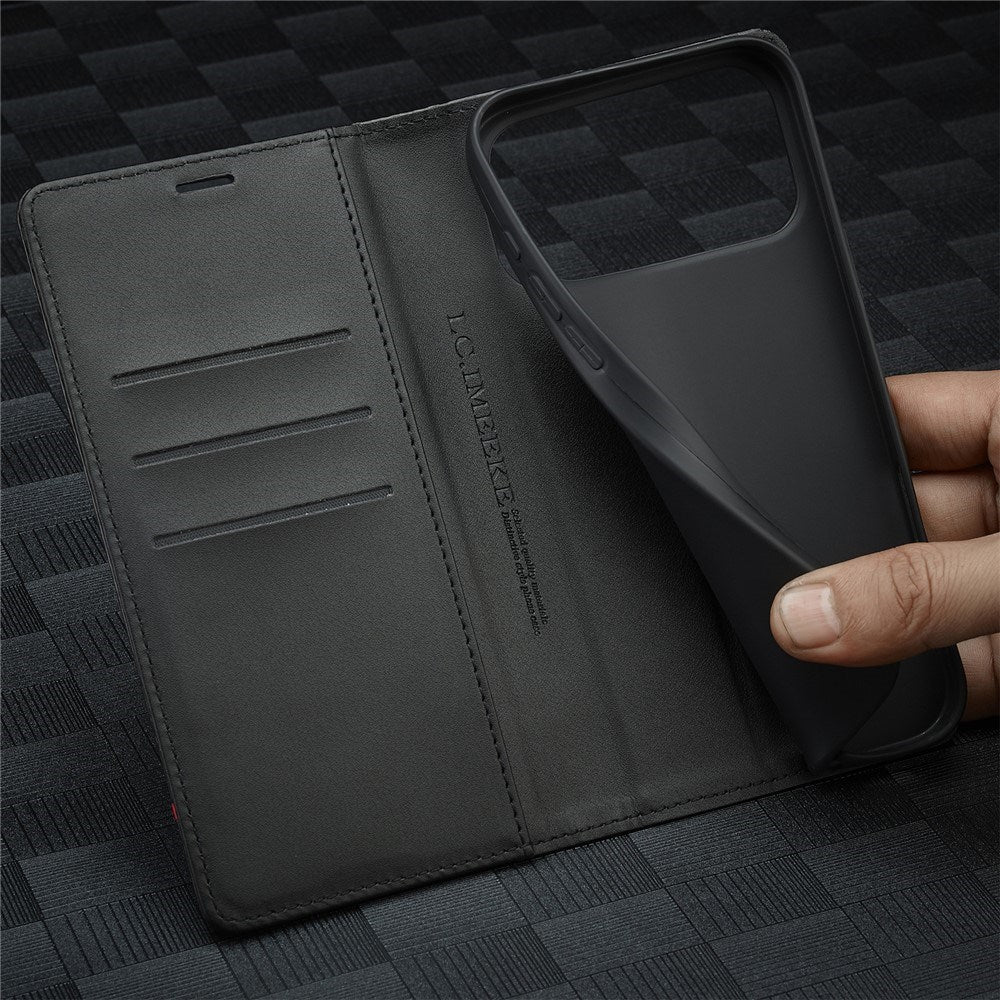 iPhone 18 Pro / 17 Pro LC.IMEEKE Kunstlæder Flip Cover m. Carbon Fiber - Sort / Rød Vertikal Stribe