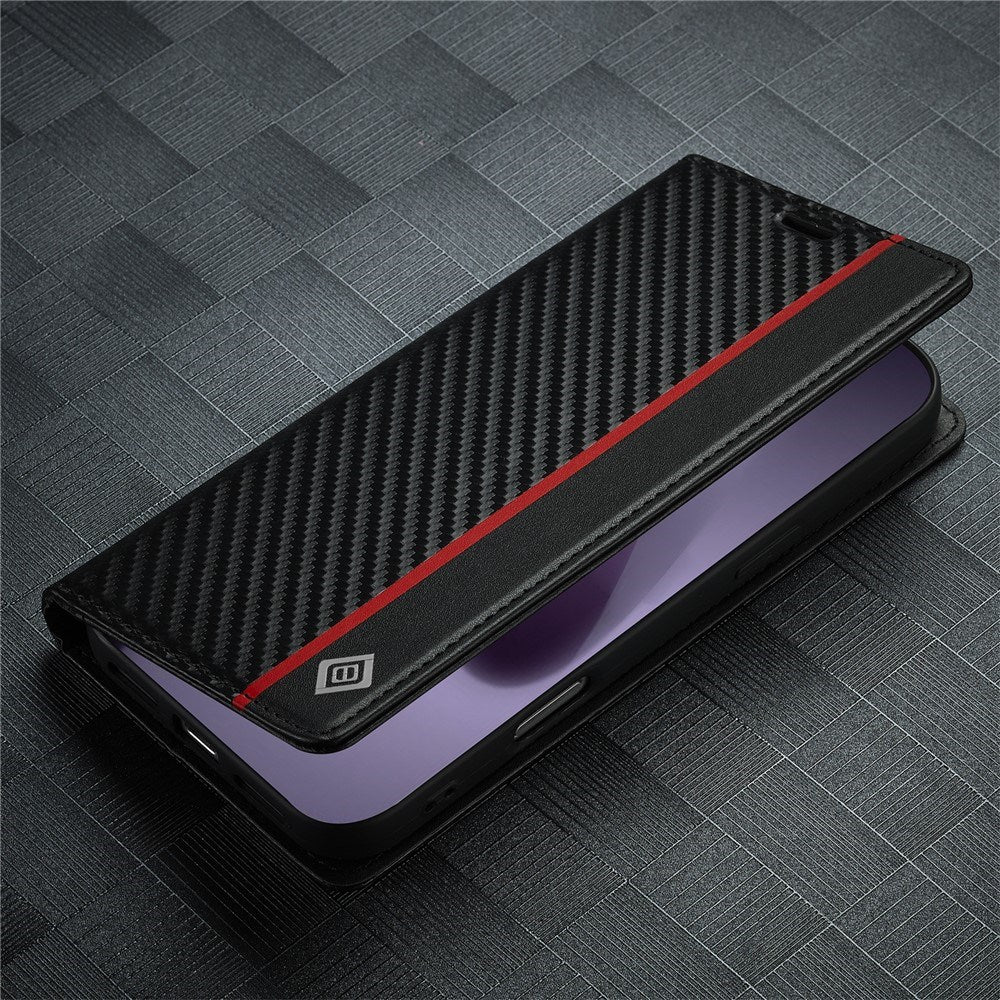 iPhone 18 Pro / 17 Pro LC.IMEEKE Kunstlæder Flip Cover m. Carbon Fiber - Sort / Rød Vertikal Stribe