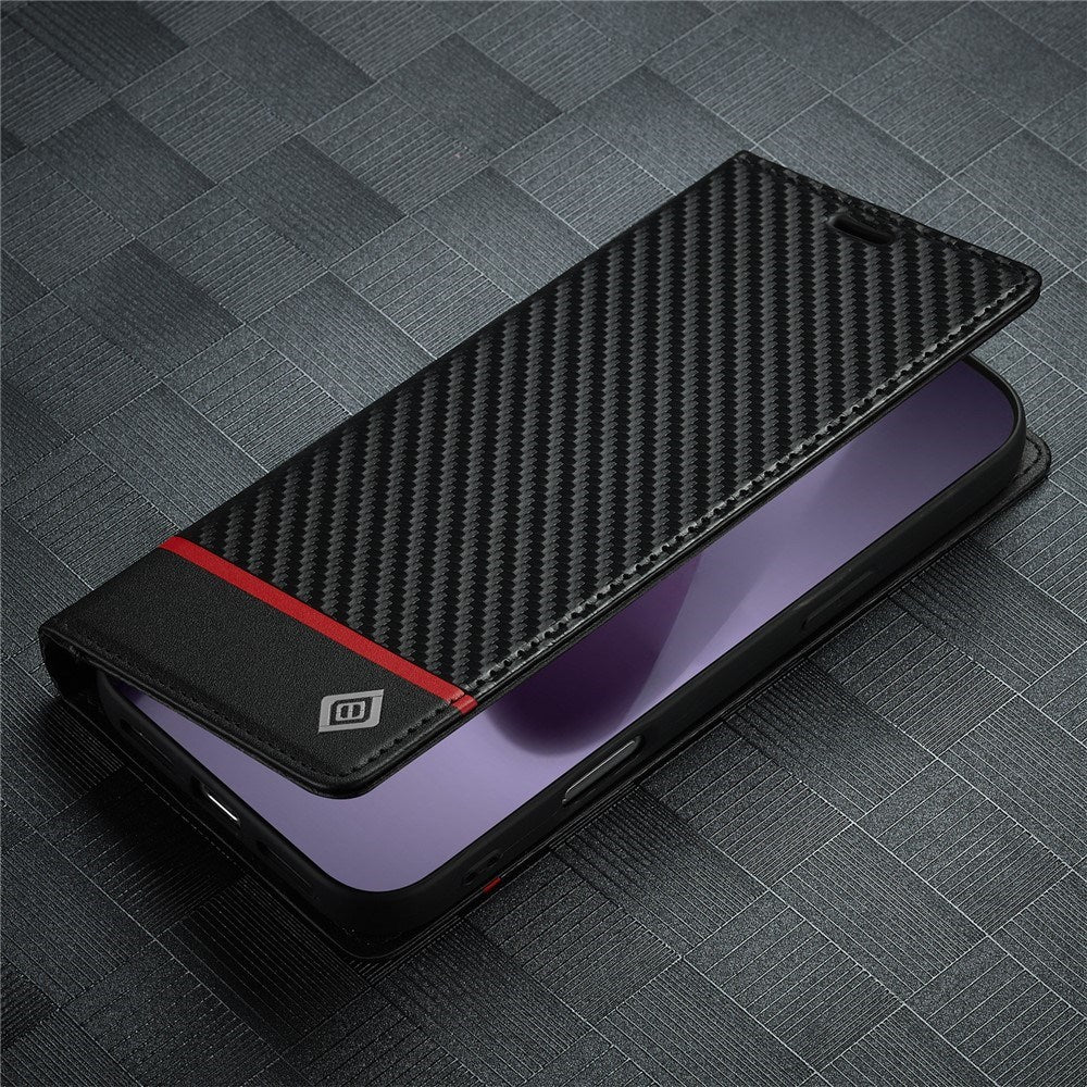 iPhone 18 Pro Max / 17 Pro Max LC.IMEEKE Kunstlæder Flip Cover m. Carbon Fiber - Sort / Rød Horisontal Stribe