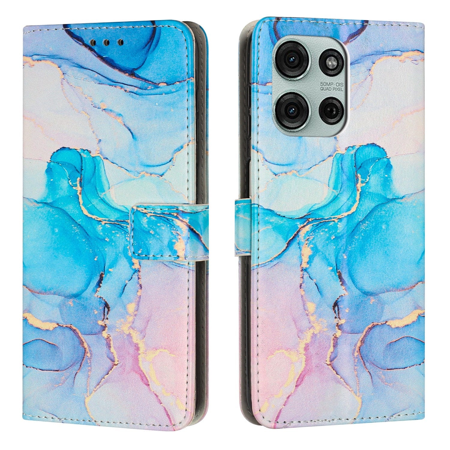 EIDERWOOD Motorola Moto G56 Marmormønstret Kunstlæder Flip Cover m. Strop - Lyserød / Blå
