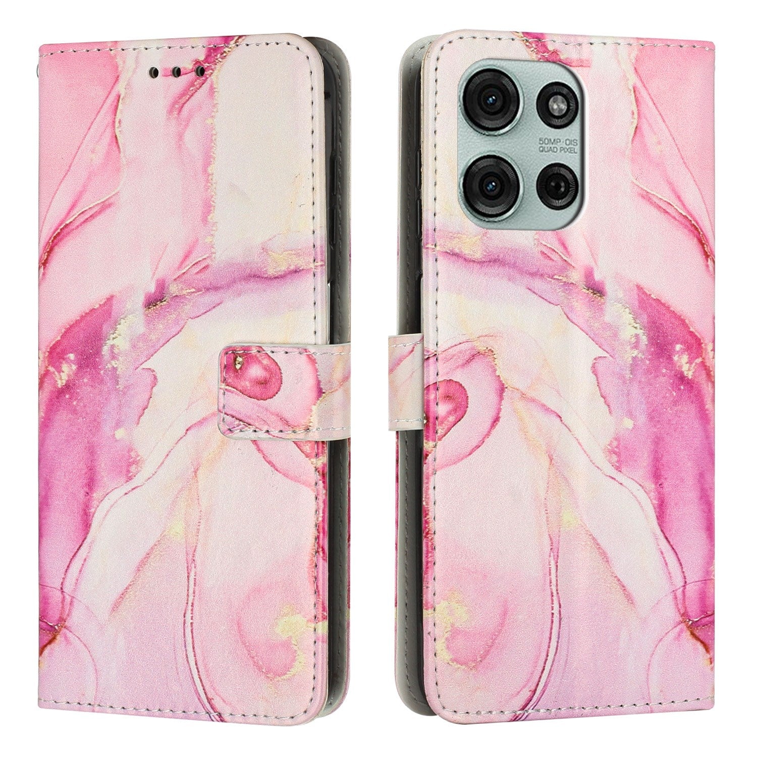 EIDERWOOD Motorola Moto G56 Marmormønstret Kunstlæder Flip Cover m. Strop - Lyserød