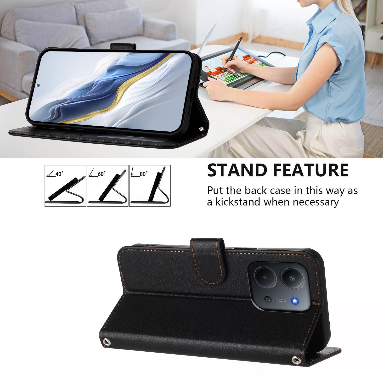 Xiaomi Redmi 15C (5G) / (4G) EIDERWOOD Flipcover m. Kortholder & Ståfunktion - Sort