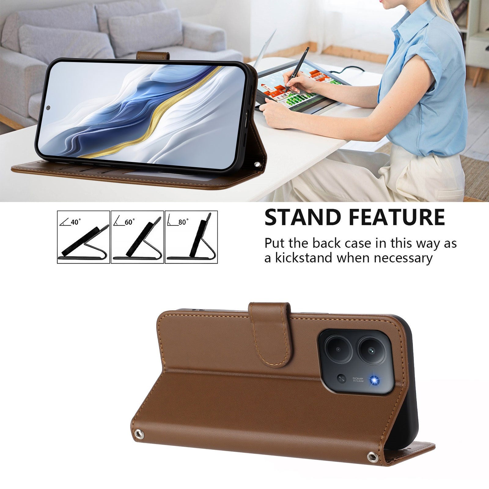 Xiaomi Redmi 15C (5G) / (4G) EIDERWOOD Flipcover m. Kortholder & Ståfunktion - Brun