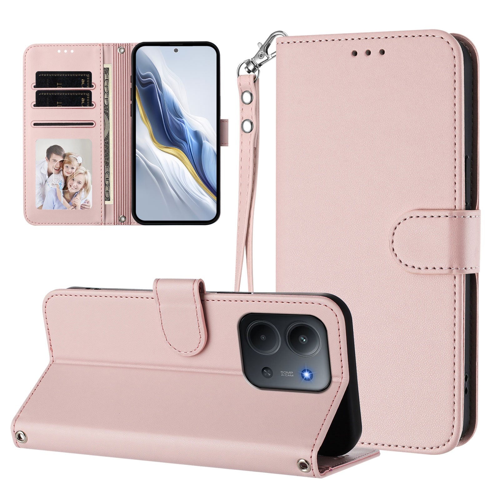 Xiaomi Redmi 15C (5G) / (4G) EIDERWOOD Flipcover m. Kortholder & Ståfunktion - Lyserød