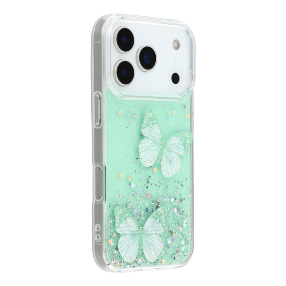 EIDERWOOD iPhone 17 Pro Fleksibelt Plastik Cover m. Sommerfugle - Gennemsigtig / Grøn