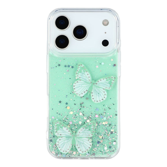 EIDERWOOD iPhone 17 Pro Fleksibelt Plastik Cover m. Sommerfugle - Gennemsigtig / Grøn