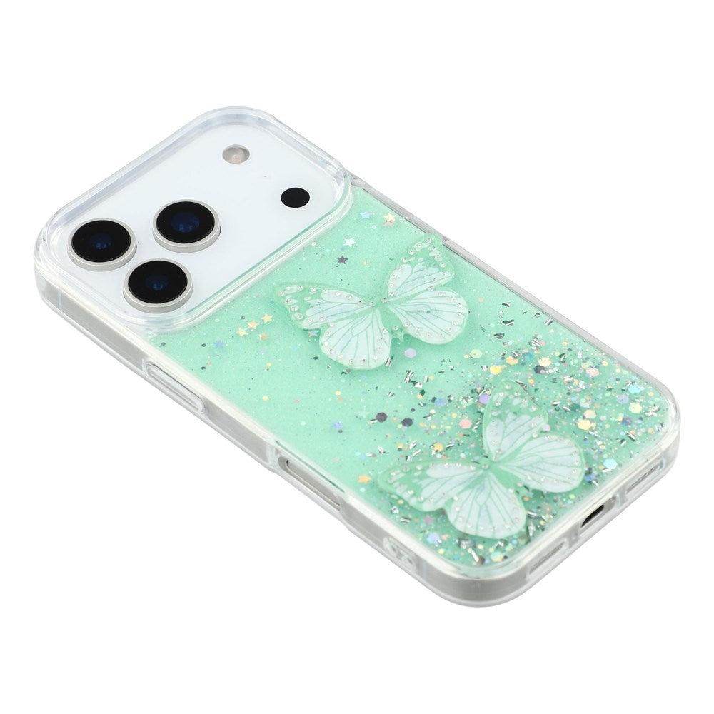 EIDERWOOD iPhone 17 Pro Max Fleksibelt Plastik Cover m. Sommerfugle - Gennemsigtig / Grøn