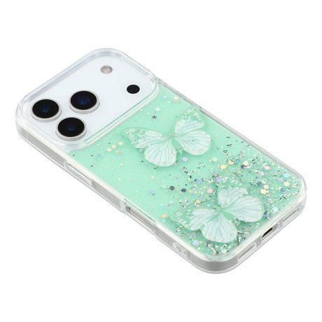 EIDERWOOD iPhone 17 Pro Max Fleksibelt Plastik Cover m. Sommerfugle - Gennemsigtig / Grøn