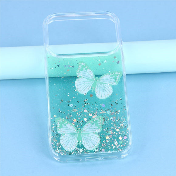 EIDERWOOD iPhone 17 Pro Max Fleksibelt Plastik Cover m. Sommerfugle - Gennemsigtig / Grøn