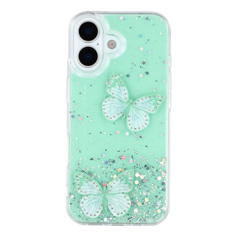 EIDERWOOD iPhone 17 Fleksibelt Plastik Cover m. Sommerfugle - Gennemsigtig / Grøn