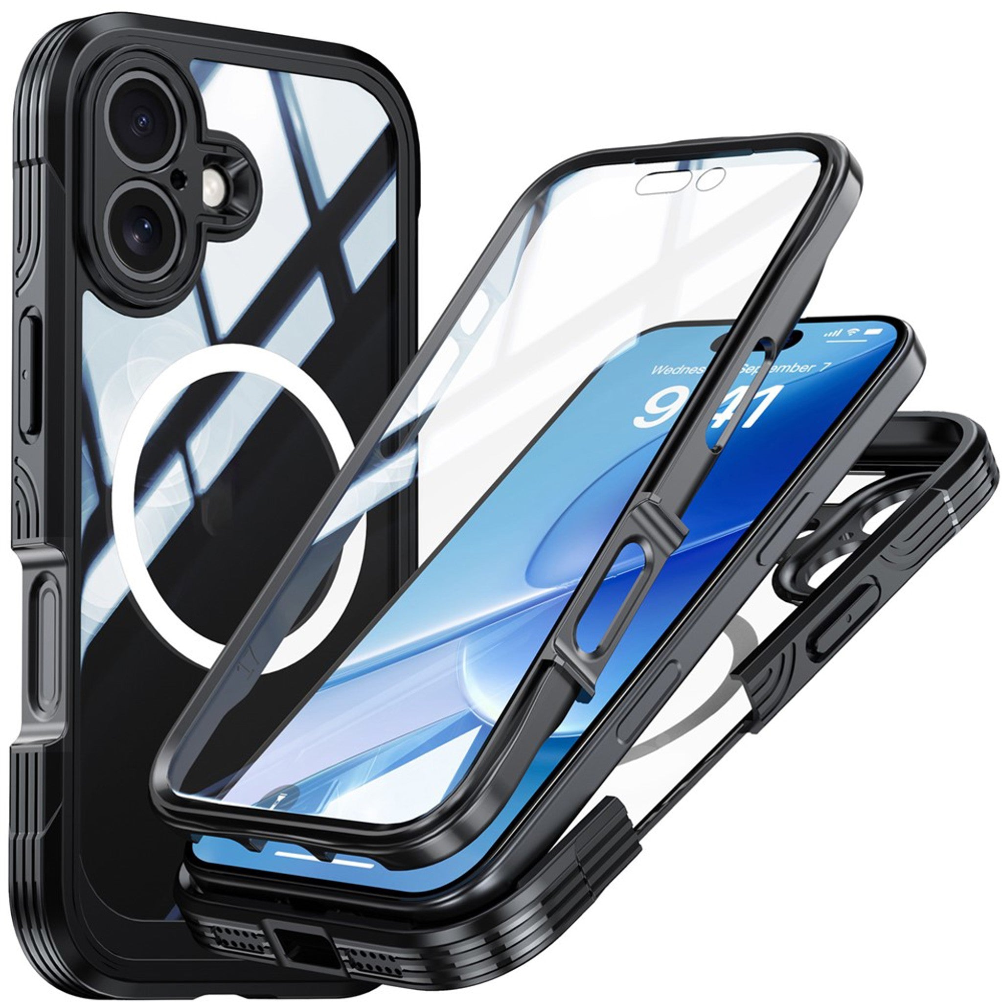 iPhone 17 Hybrid Plast Cover m. Indbygget Skærmbeskyttelse - MagSafe Kompatibel - Gennemsigtig / Sort