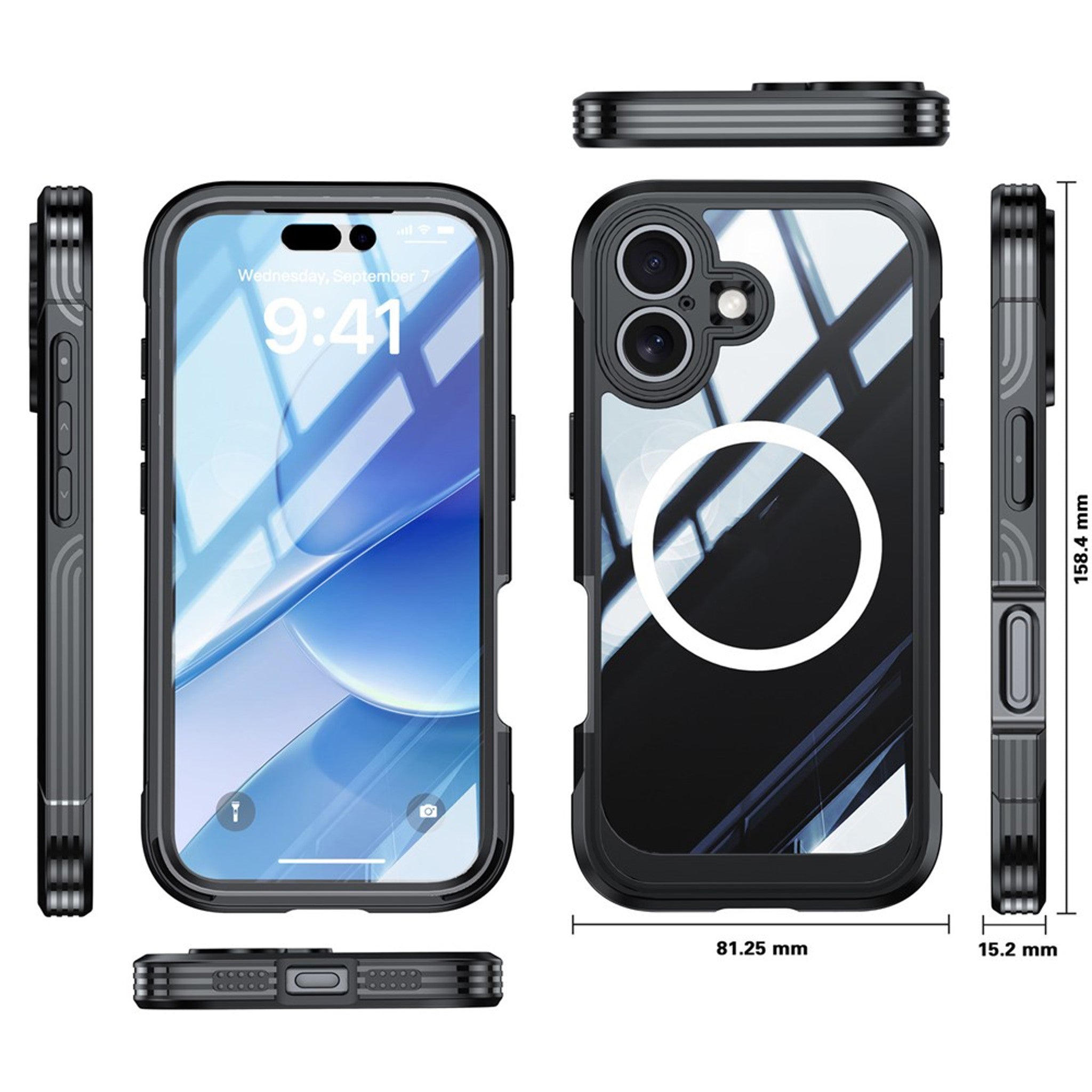 iPhone 17 Hybrid Plast Cover m. Indbygget Skærmbeskyttelse - MagSafe Kompatibel - Gennemsigtig / Sort