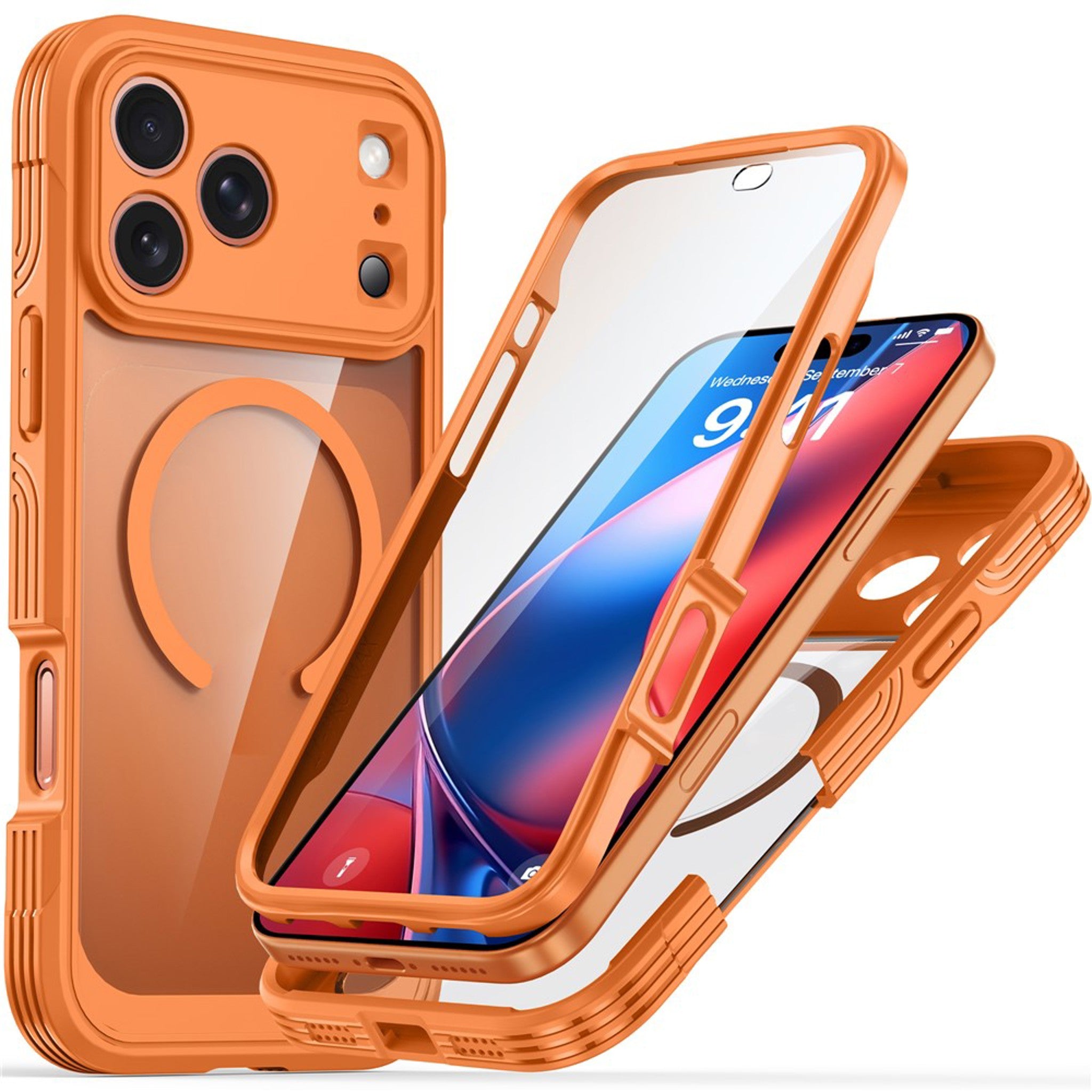 iPhone 18 Pro / 17 Pro Hybrid Plast Cover m. Indbygget Skærmbeskyttelse - MagSafe Kompatibel - Gennemsigtig / Orange