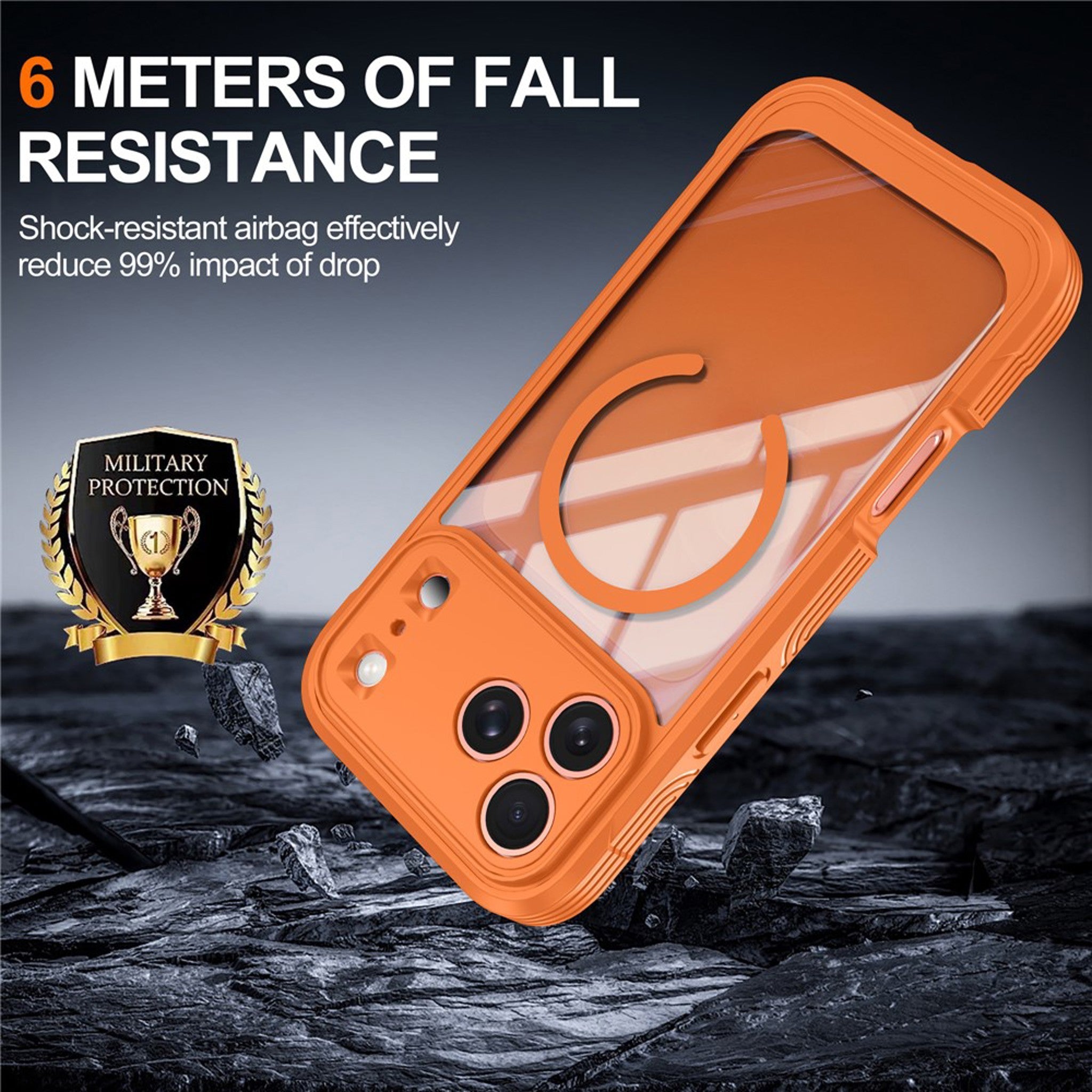 iPhone 18 Pro / 17 Pro Hybrid Plast Cover m. Indbygget Skærmbeskyttelse - MagSafe Kompatibel - Gennemsigtig / Orange