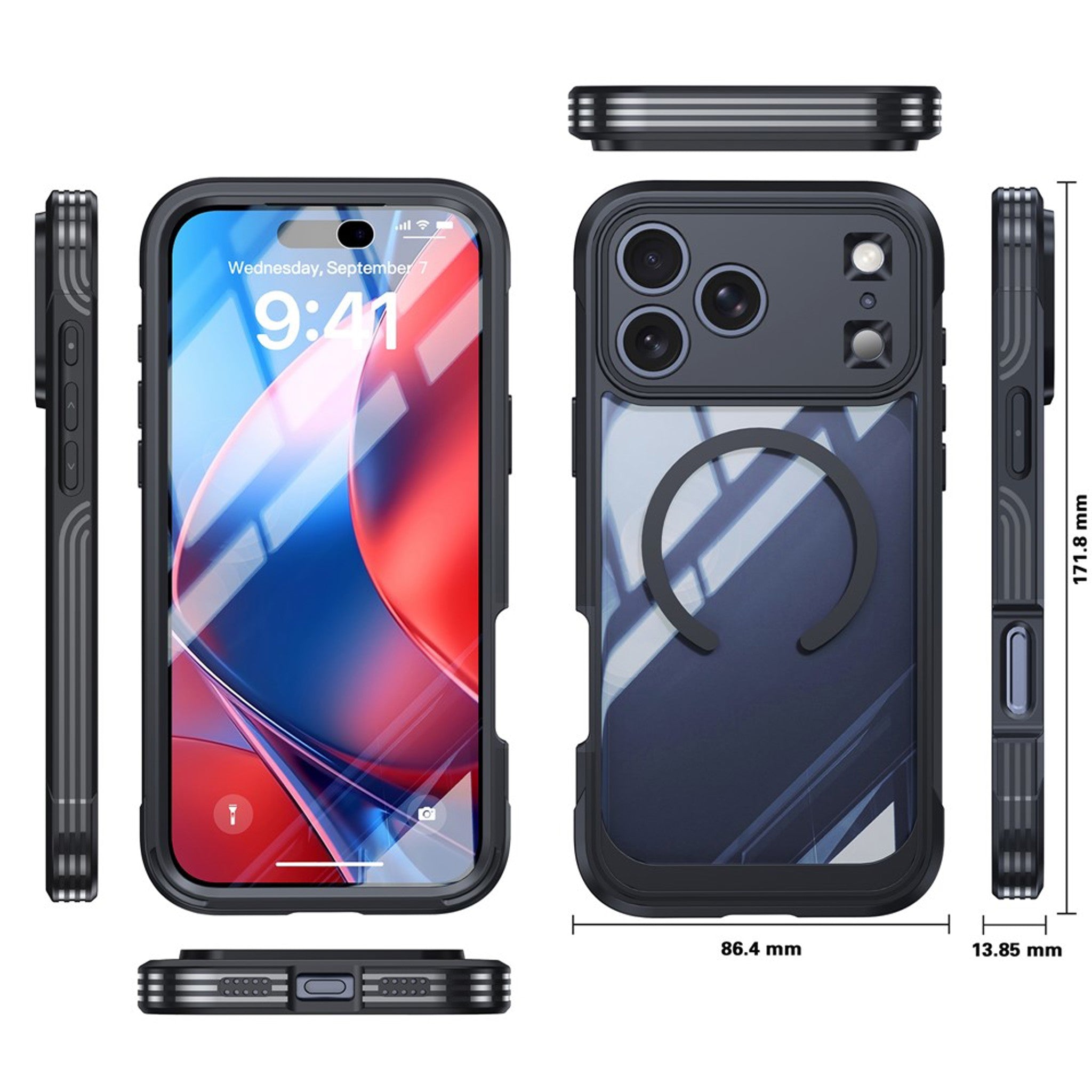 iPhone 18 Pro Max / 17 Pro Max Hybrid Plast Cover m. Indbygget Skærmbeskyttelse - MagSafe Kompatibel - Gennemsigtig / Sort