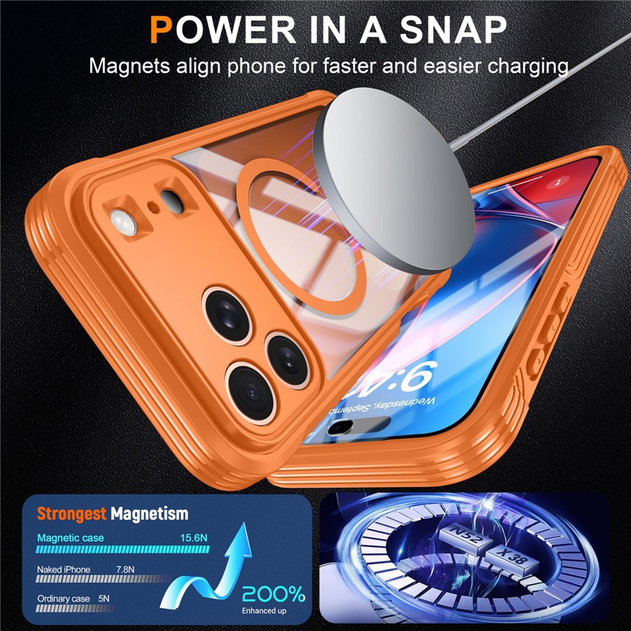 iPhone 18 Pro Max / 17 Pro Max Hybrid Plast Cover m. Indbygget Skærmbeskyttelse - MagSafe Kompatibel - Gennemsigtig / Orange