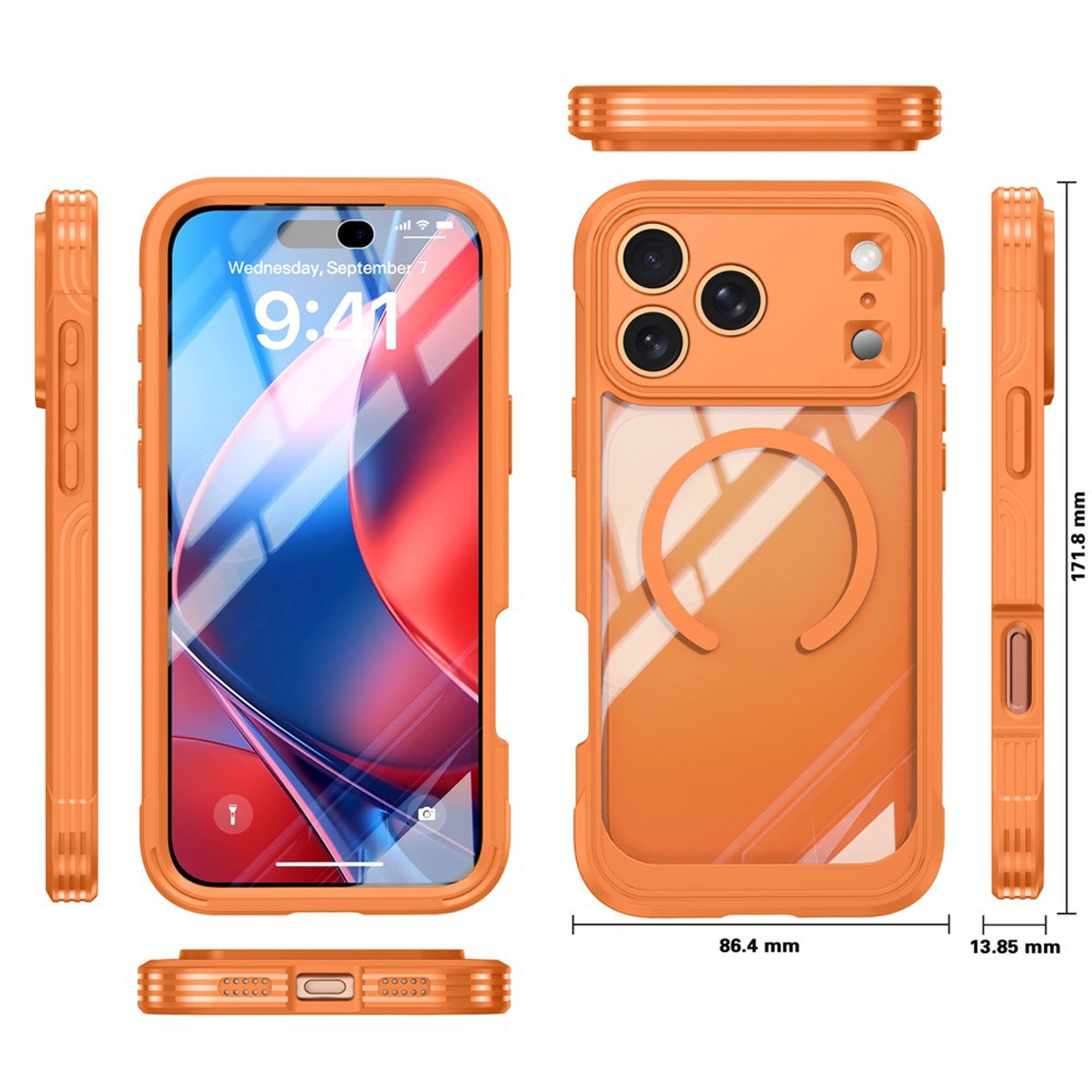iPhone 18 Pro Max / 17 Pro Max Hybrid Plast Cover m. Indbygget Skærmbeskyttelse - MagSafe Kompatibel - Gennemsigtig / Orange