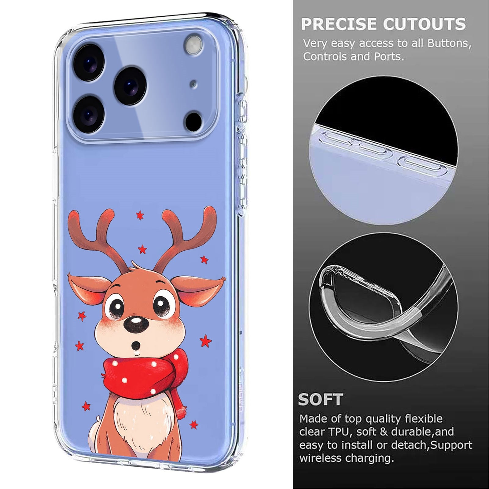EIDERWOOD iPhone 17 Pro Fleksibelt Plastik Julecover m. Motiv - Gennemsigtig / Rensdyr