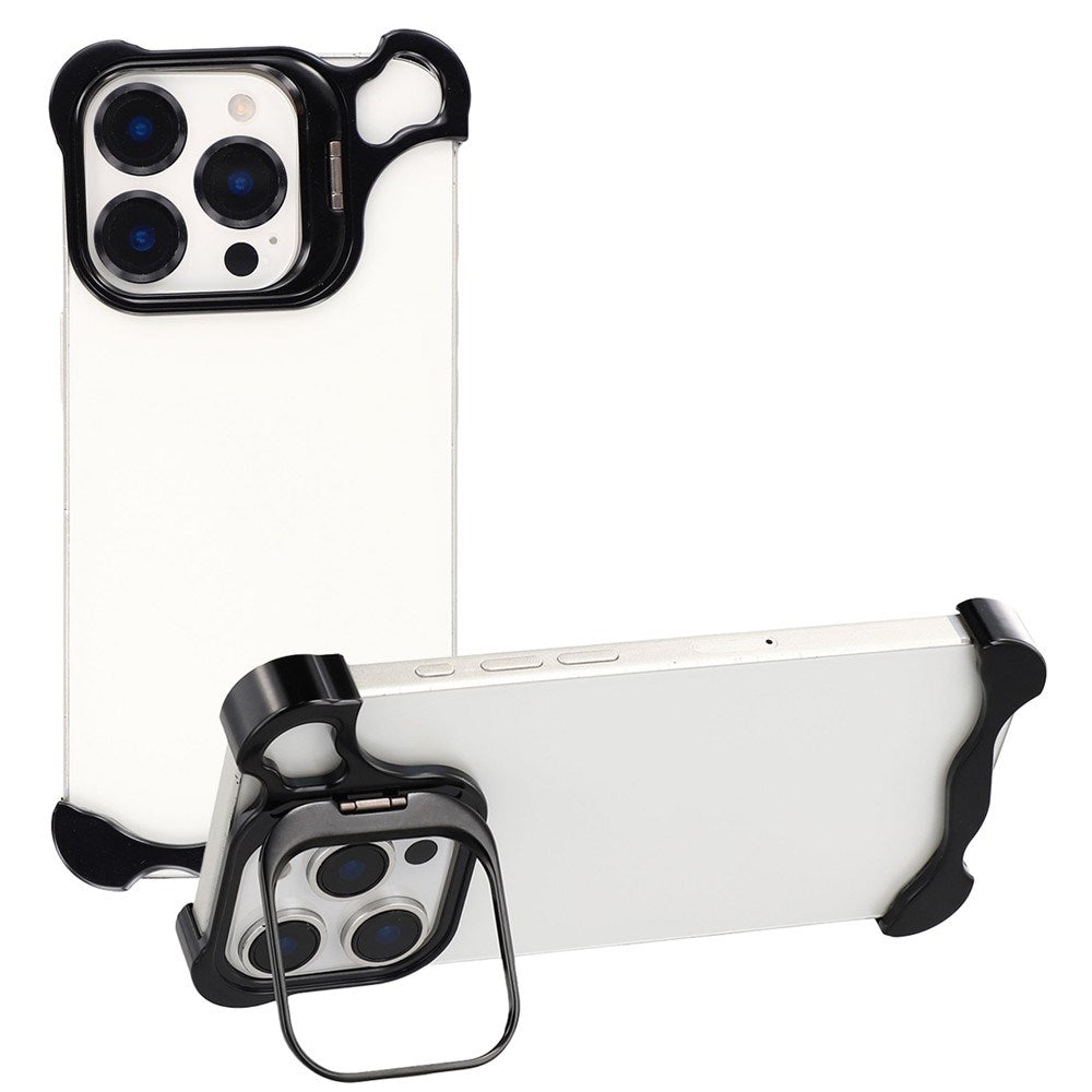 iPhone 16 Pro Todelt Metal Bumper Cover m. Ståfunktion & Linsebeskytter - Sort