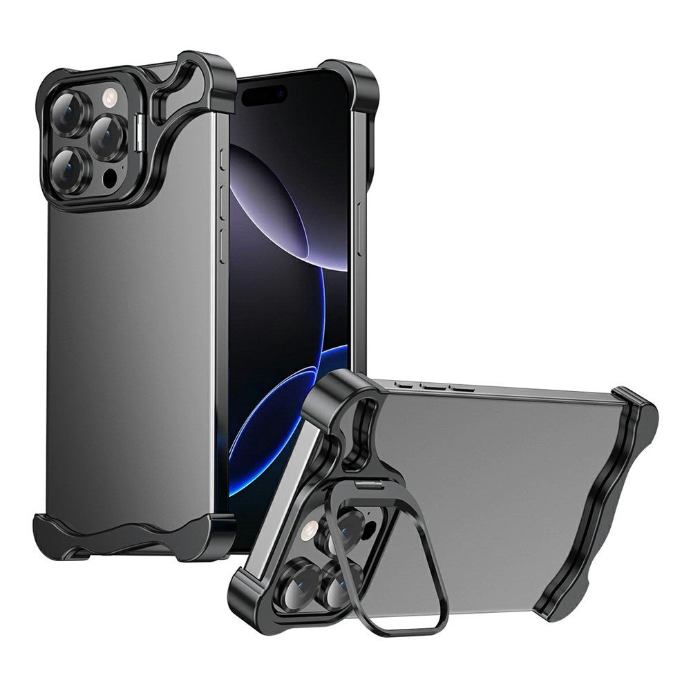 iPhone 16 Pro Todelt Metal Bumper Cover m. Ståfunktion & Linsebeskytter - Sort