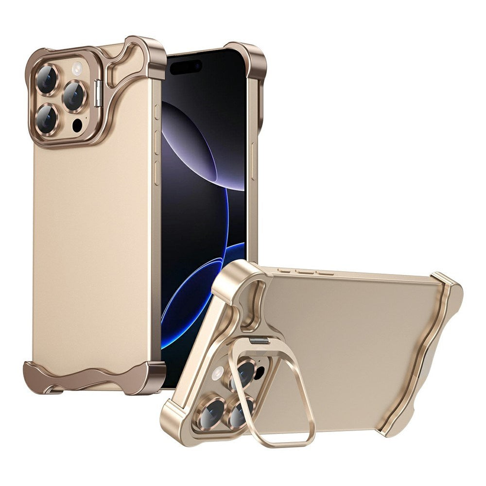 iPhone 16 Pro Todelt Metal Bumper Cover m. Ståfunktion & Linsebeskytter - Guld