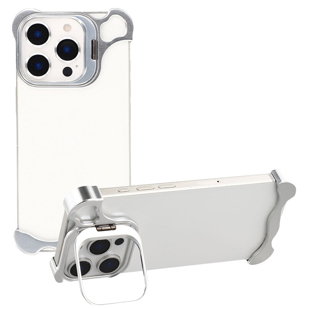 iPhone 16 Pro Todelt Metal Bumper Cover m. Ståfunktion & Linsebeskytter - Sølv