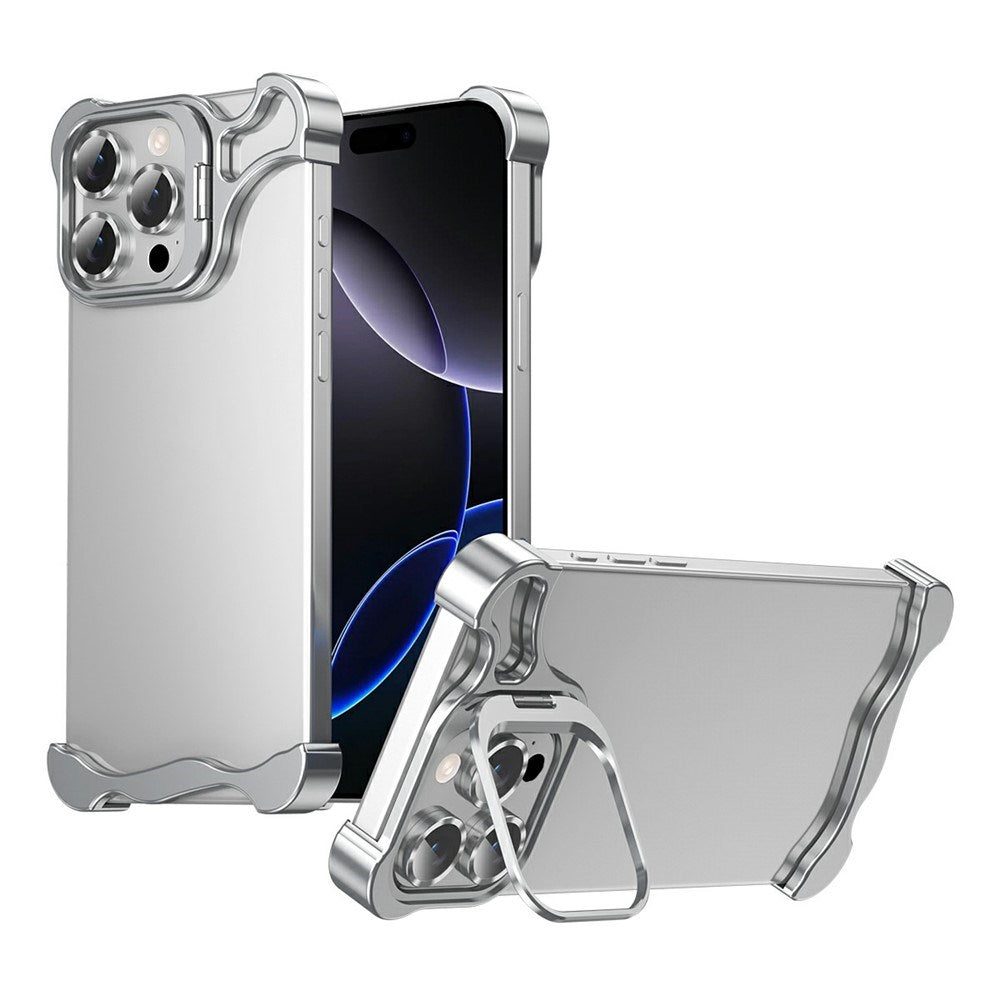 iPhone 16 Pro Todelt Metal Bumper Cover m. Ståfunktion & Linsebeskytter - Sølv