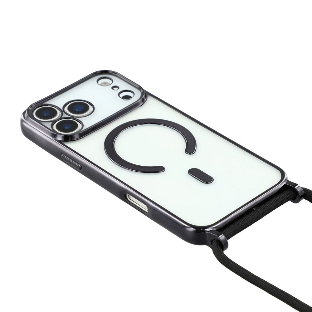 EIDERWOOD iPhone 17 Pro Fleksibelt Plastik Cover m. Justerbar Strop - MagSafe Kompatibel - Gennemsigtig / Sort