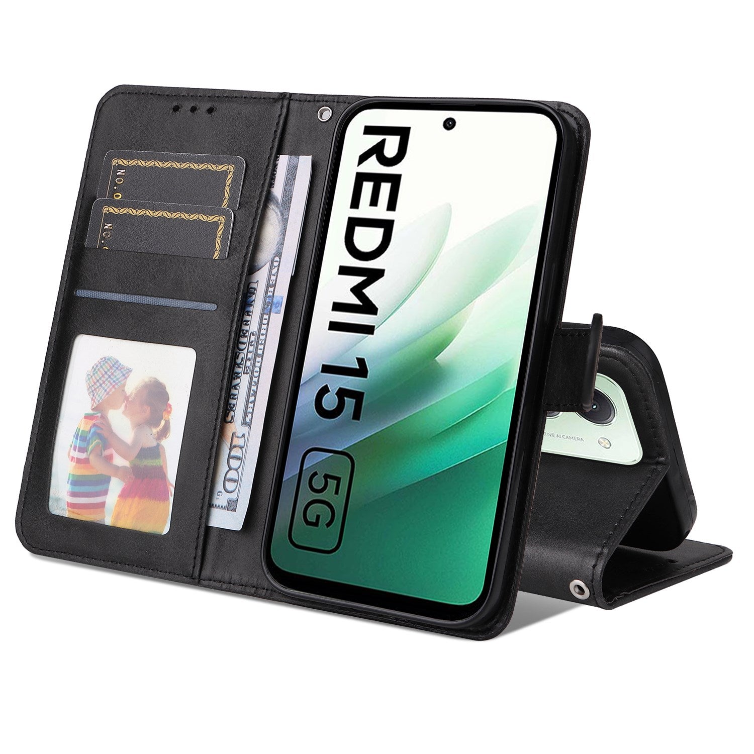 Xiaomi Redmi 15 (4G) EIDERWOOD Kunstlæder Flip Cover m. Kortholder & Strop - Sort