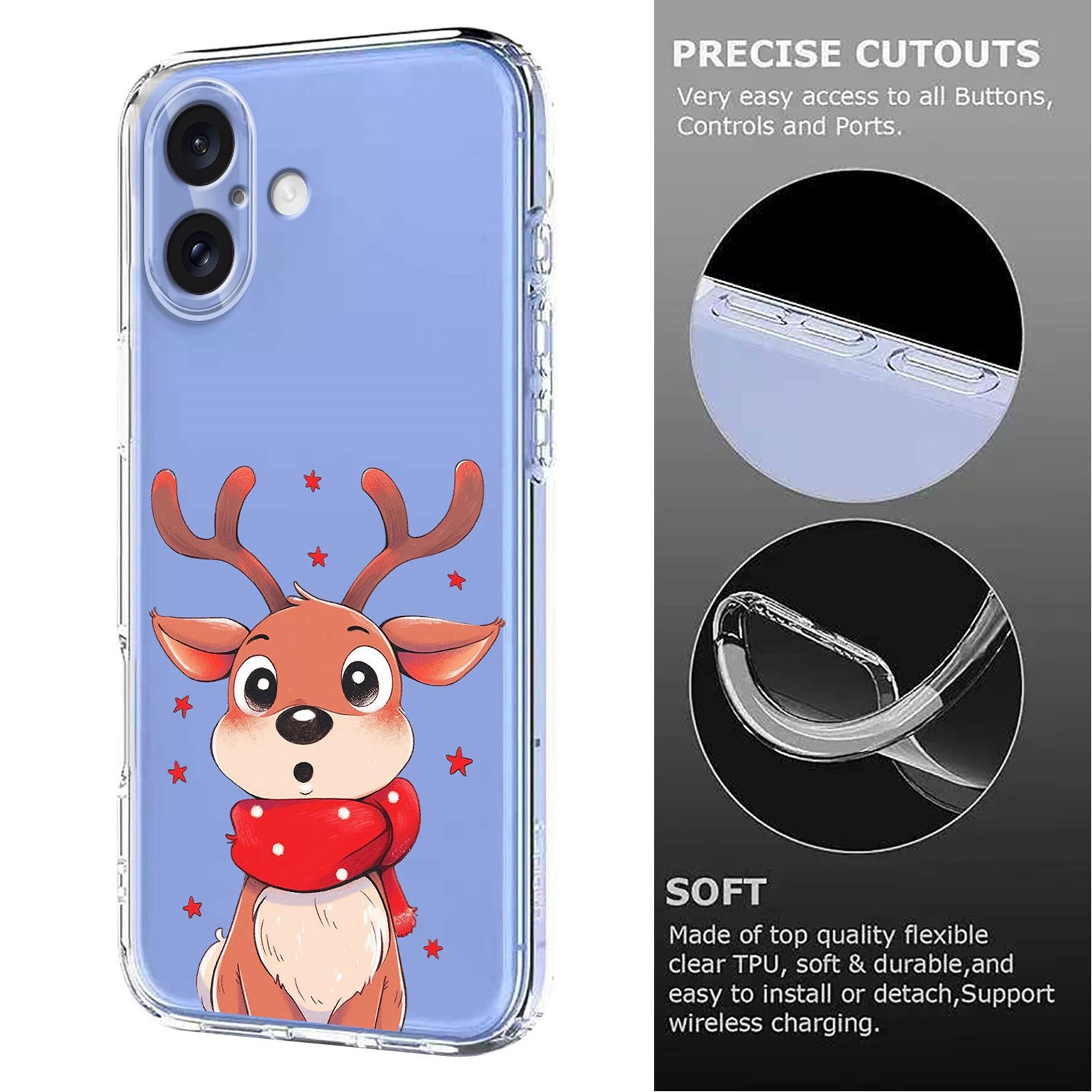 EIDERWOOD iPhone 16 Fleksibelt Plastik Julecover m. Motiv - Gennemsigtig / Rensdyr