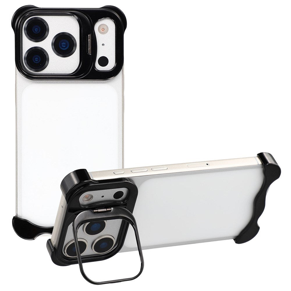 iPhone 17 Pro Todelt Metal Bumper Cover m. Ståfunktion & Linsebeskytter - Sort