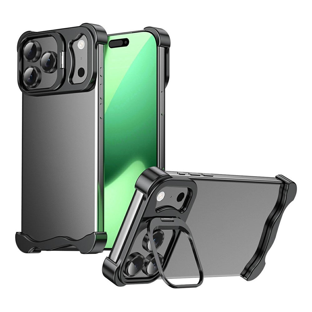 iPhone 17 Pro Todelt Metal Bumper Cover m. Ståfunktion & Linsebeskytter - Sort