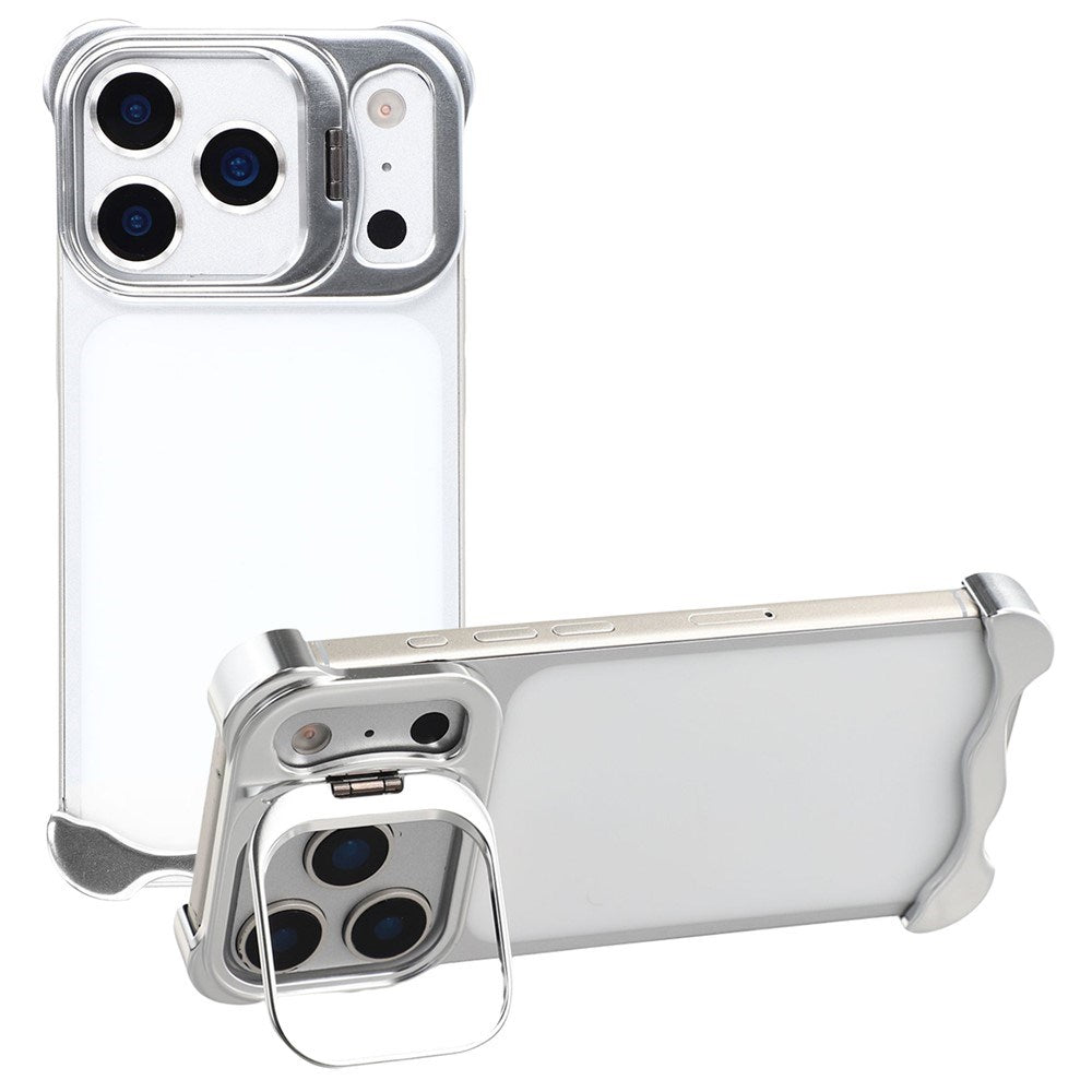 iPhone 17 Pro Todelt Metal Bumper Cover m. Ståfunktion & Linsebeskytter - Sølv