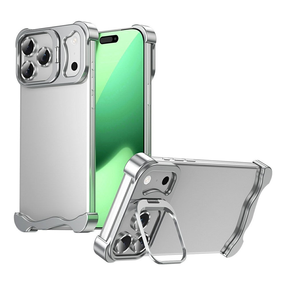 iPhone 17 Pro Todelt Metal Bumper Cover m. Ståfunktion & Linsebeskytter - Sølv