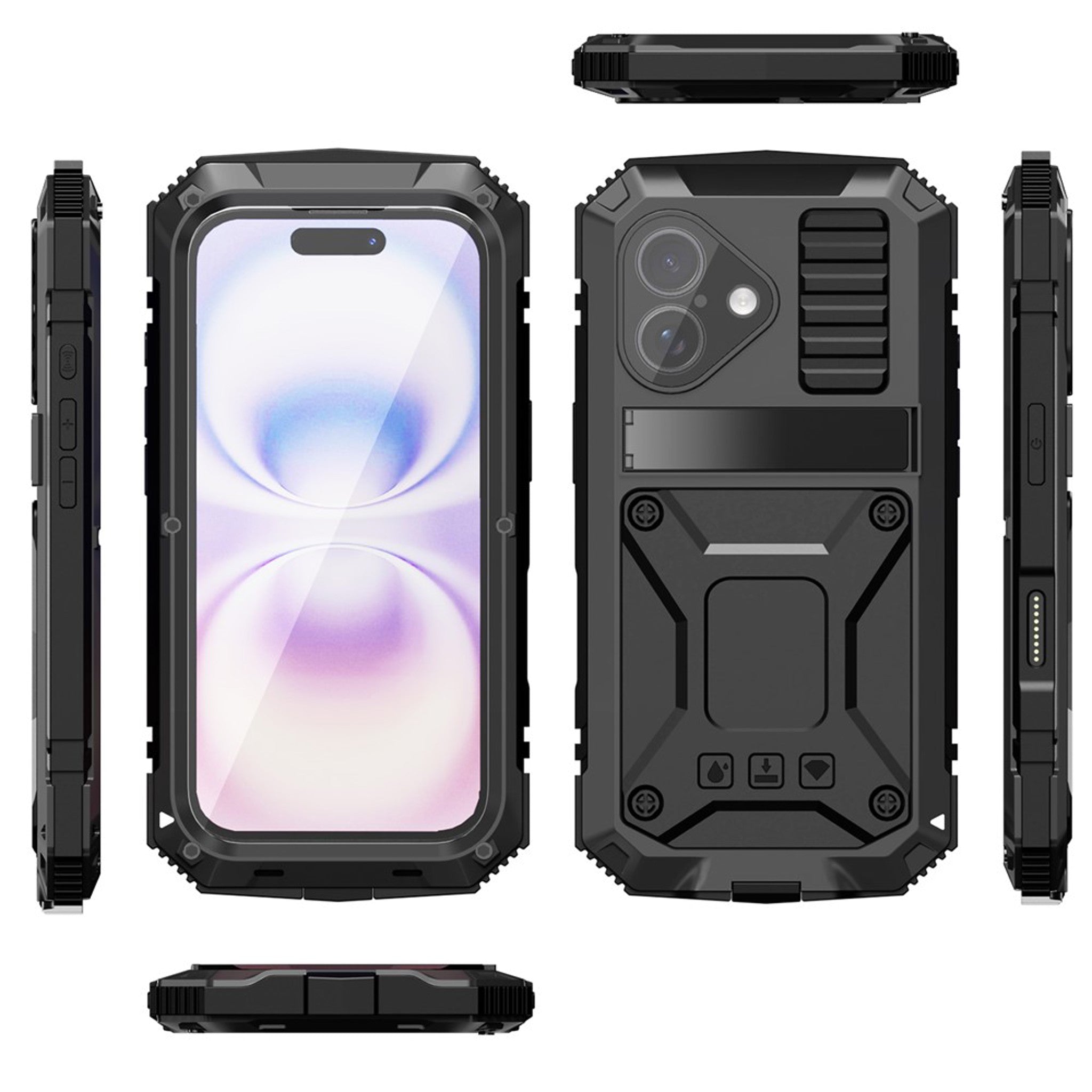iPhone 17 R-JUST Hybrid Håndværker Cover m. Indbygget Skærmbeskyttelse & Kickstand - Sort