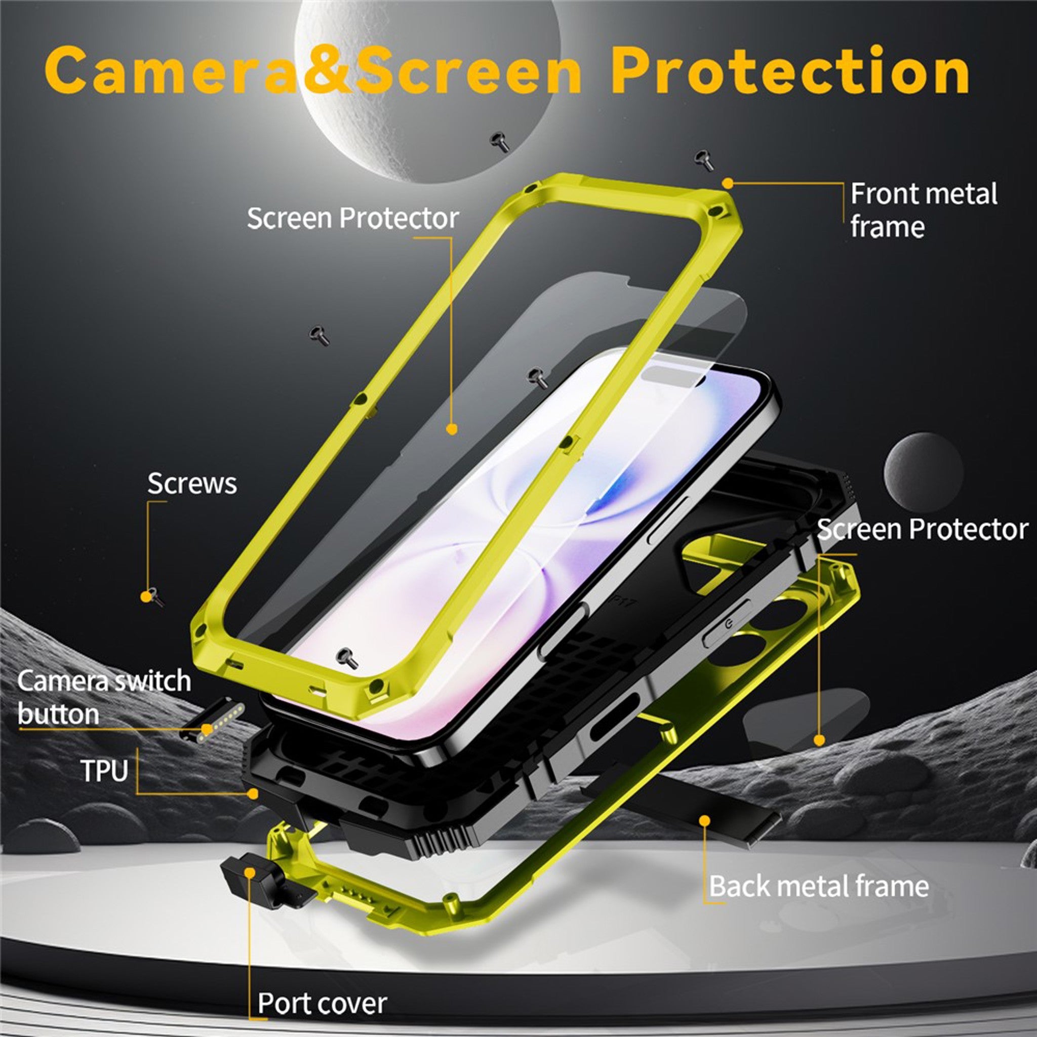 iPhone 17 R-JUST Hybrid Håndværker Cover m. Indbygget Skærmbeskyttelse & Kickstand - Gul