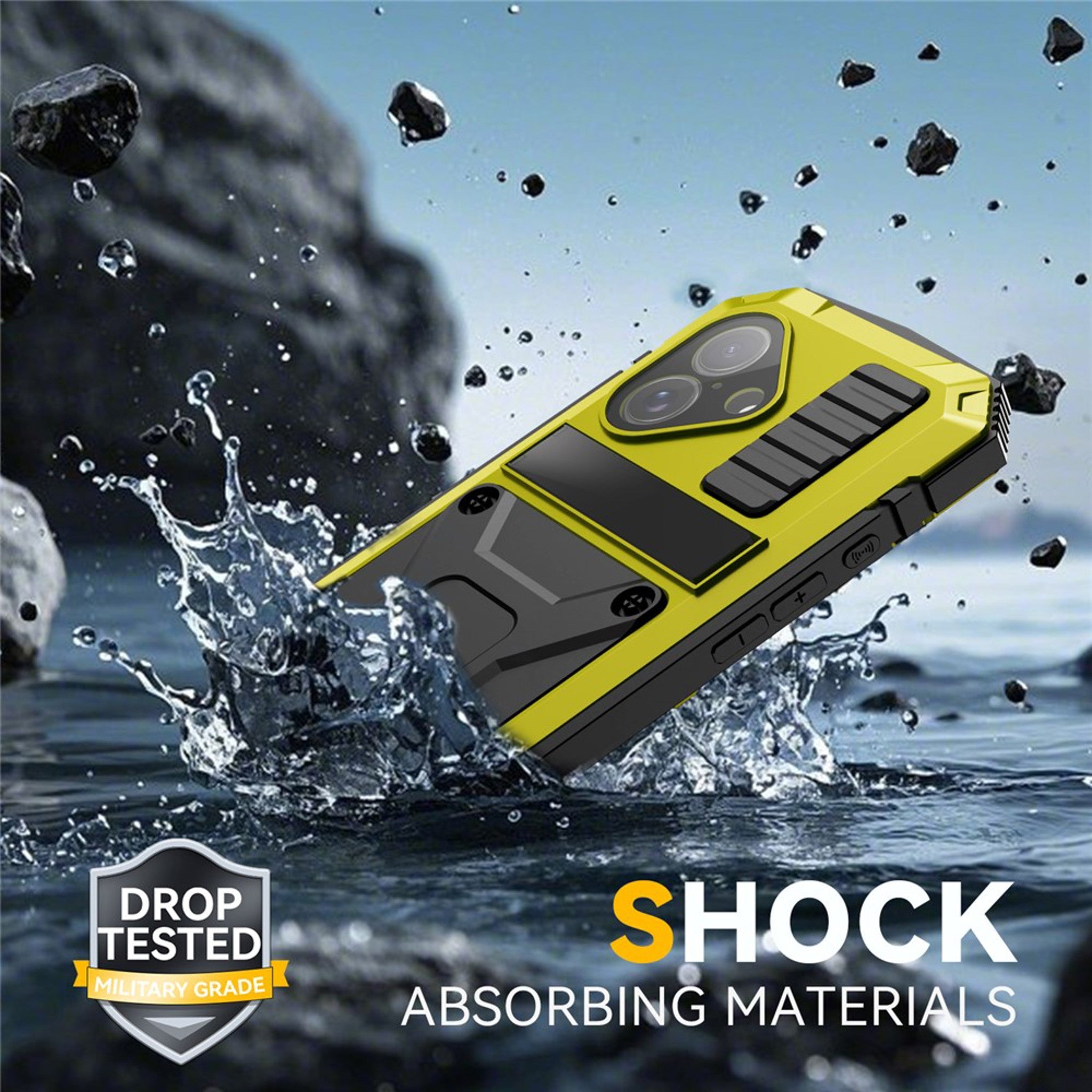iPhone 17 R-JUST Hybrid Håndværker Cover m. Indbygget Skærmbeskyttelse & Kickstand - Gul