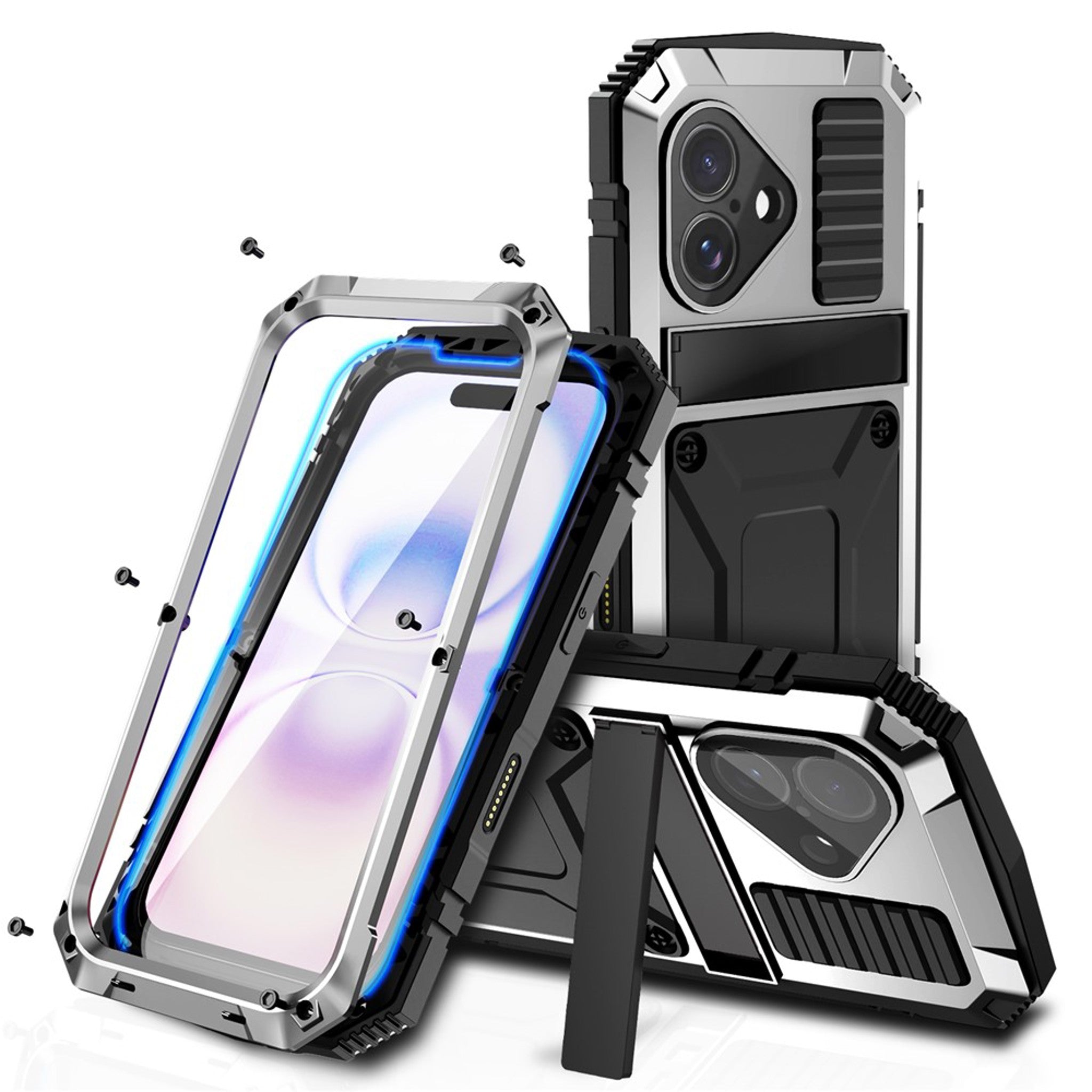 iPhone 17 R-JUST Hybrid Håndværker Cover m. Indbygget Skærmbeskyttelse & Kickstand - Sølv