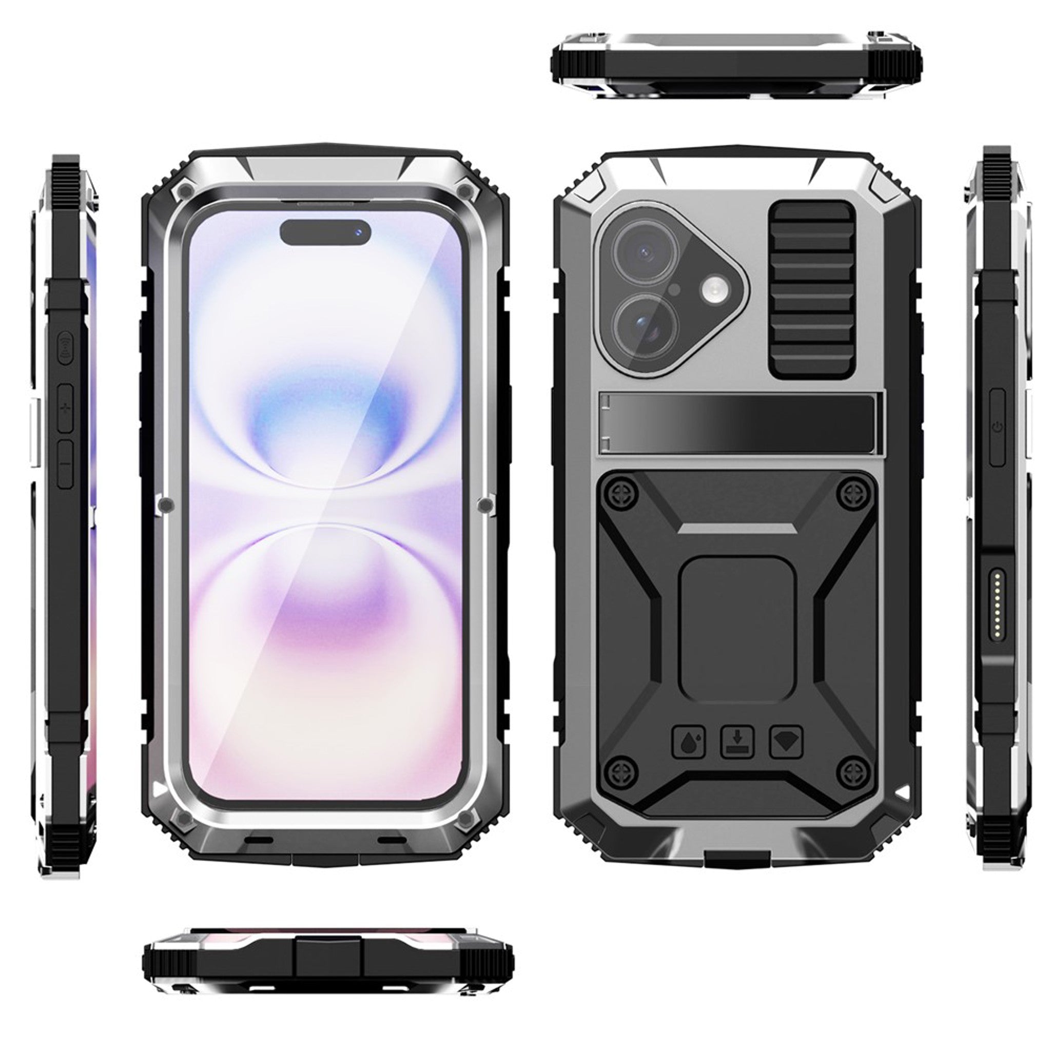 iPhone 17 R-JUST Hybrid Håndværker Cover m. Indbygget Skærmbeskyttelse & Kickstand - Sølv