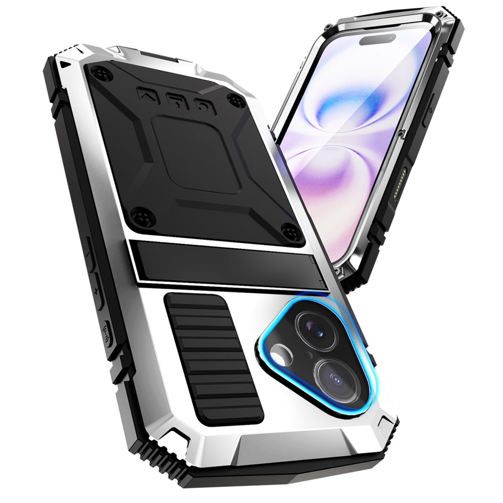 iPhone 17 R-JUST Hybrid Håndværker Cover m. Indbygget Skærmbeskyttelse & Kickstand - Sølv