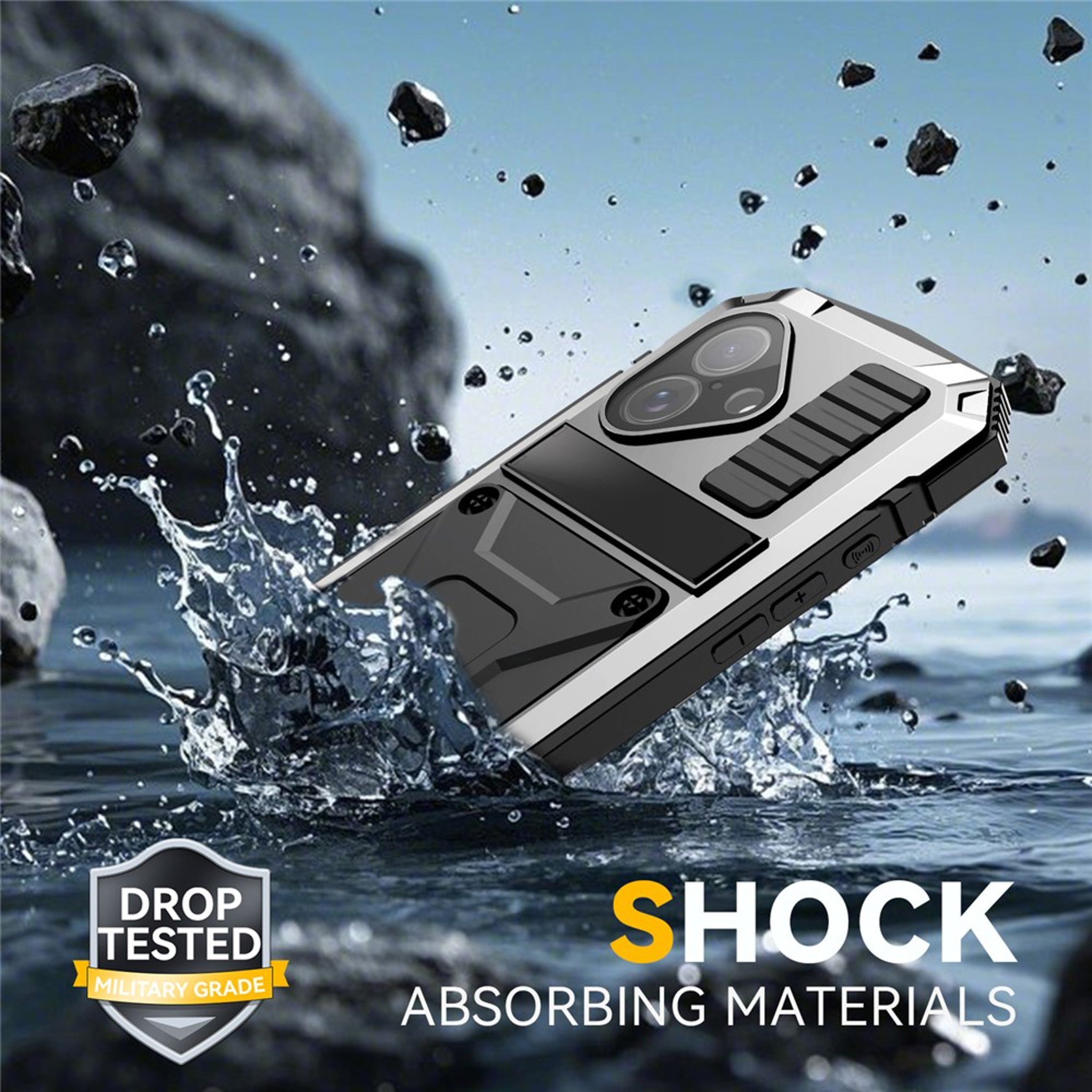 iPhone 17 R-JUST Hybrid Håndværker Cover m. Indbygget Skærmbeskyttelse & Kickstand - Sølv