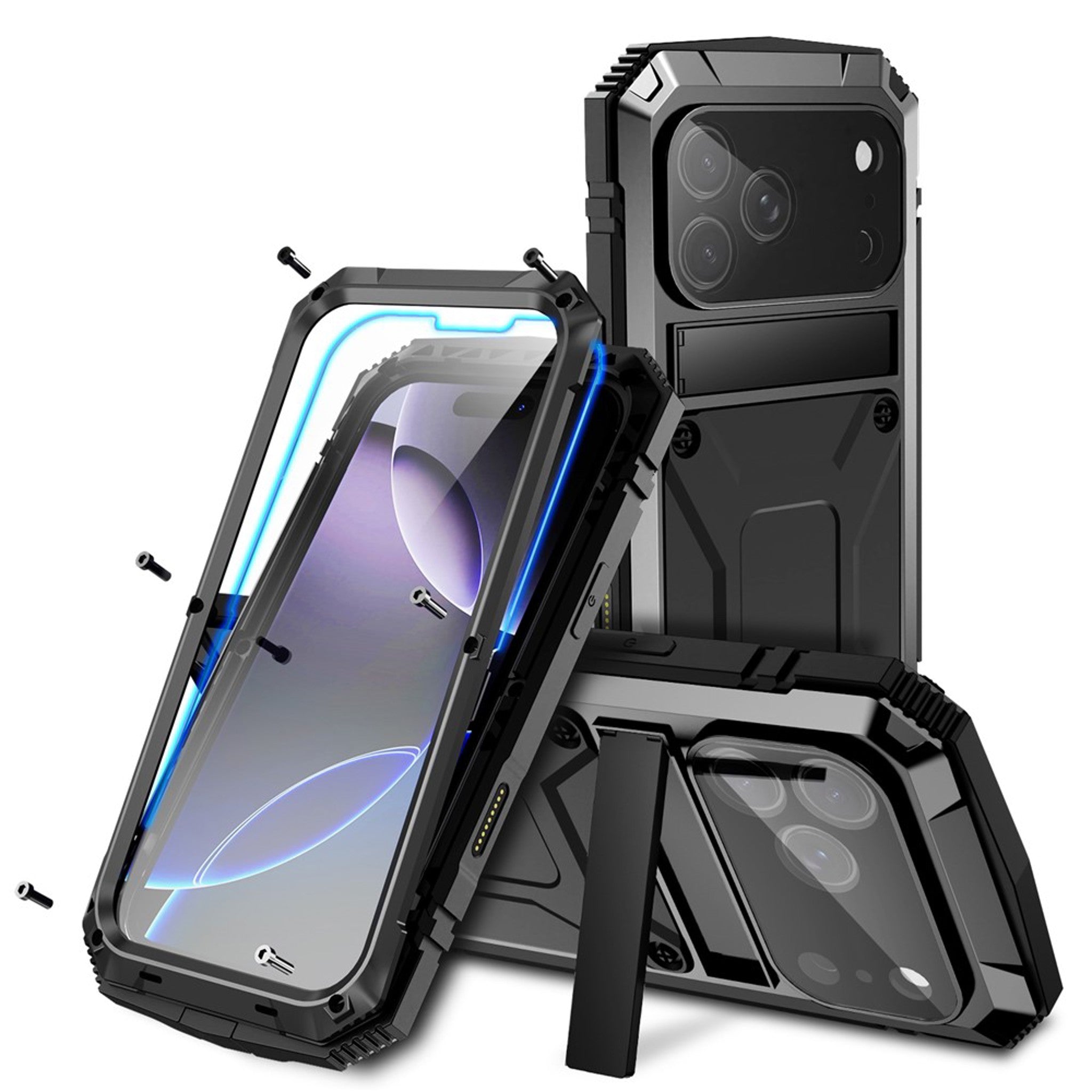 iPhone 18 Pro / 17 Pro R-JUST Hybrid Håndværker Cover m. Indbygget Skærmbeskyttelse & Kickstand - Sort