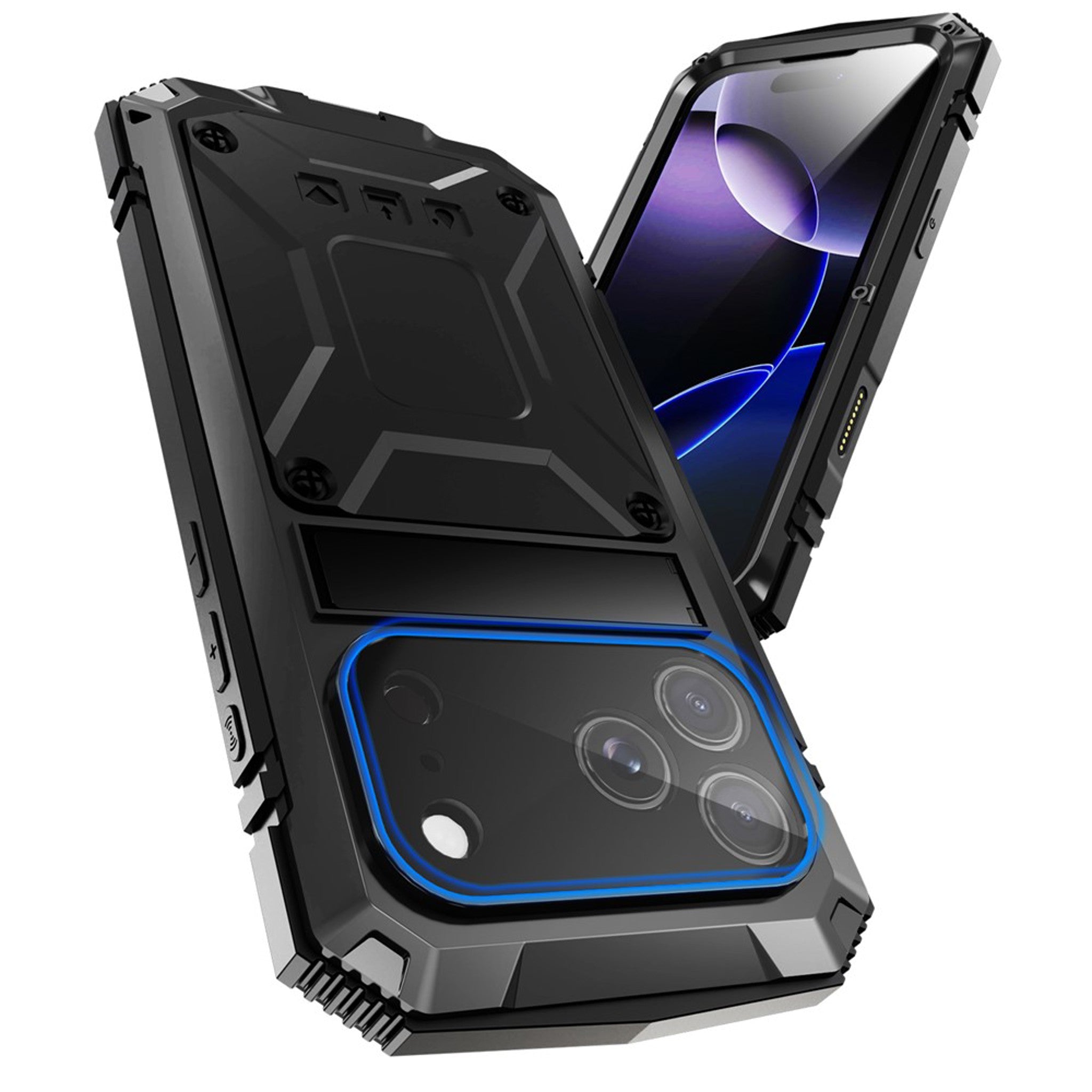 iPhone 18 Pro / 17 Pro R-JUST Hybrid Håndværker Cover m. Indbygget Skærmbeskyttelse & Kickstand - Sort